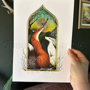 "Kunstdruck mit dem Titel ""The Story Teller"" von Amanda Clark - Fuchs, Hase, Torbogen, Märchen."
