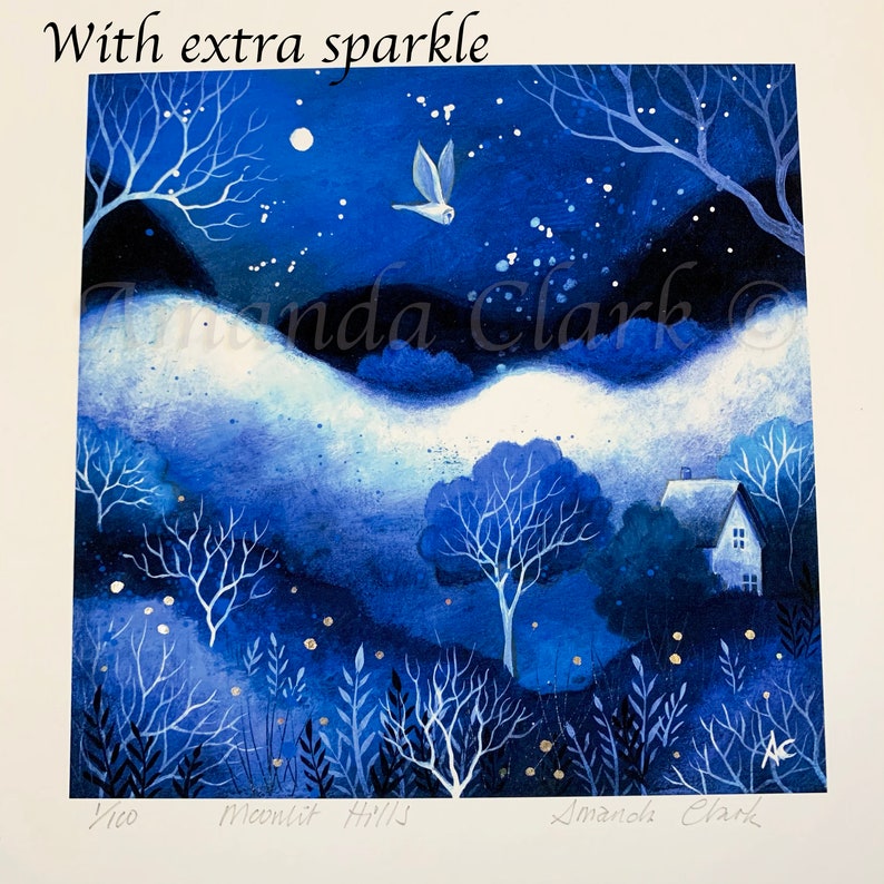 SALE Limited edition giclee print titled Moonlit Hills by Amanda Clark owl art print, fairytale art print, landscape artwork, whimsical image 2