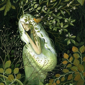 Print titled "Time to Awaken" by Amanda Clark - fairytale art print, landscape art, goddess art, forest wall decor, woodland artwork