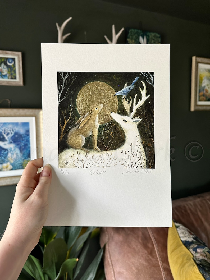 SALE Limited edition giclee print titled Whisper Second Release by Amanda Clark stag art print, hare art, woodland art, dreamy print image 2
