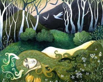 Print titled "The Earth is Singing" by Amanda Clark - fairytale art print, landscape art, goddess art, woodland wall art, dreamy wall print