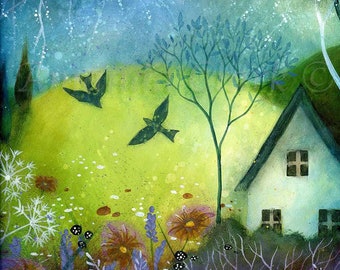 Impresión titulada "Un nuevo día" de Amanda Clark - impresión de arte de cuento de hadas, arte paisajístico, impresión de arte de golondrinas, decoración de pared caprichosa, impresión de arte de verano