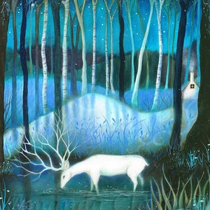 Limited edition giclee print titled "Luna Light 2" by Amanda Clark - fairytale art print, white stag art print, woodland artwork, dreamy art