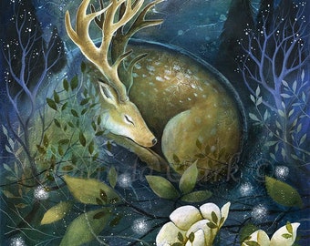 Impresión giclee de edición limitada titulada "My Safe Place" de Amanda Clark - impresión de arte de cuento de hadas, obras de arte de ciervo, impresión de arte floral, obras de arte del bosque