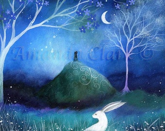 Mounted print titled "Moonlit Hare" by Amanda Clark - hare artwork, fairytale art print, glastonbury print, landscape print, mounted print