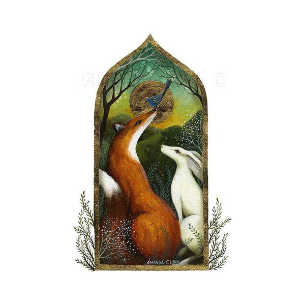 Print getiteld "The Story Teller" door Amanda Clark - sprookjesachtige kunstprint, landschapskunst, haasmuurkunst, voskunstprint, boogvormprint