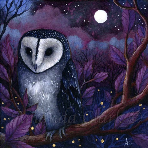 Limited edition giclee print titled "Midnight" by Amanda Clark - owl art print, fairytale art print, landscape art, whimsical print