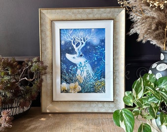 Framed original painting titled "Mesmerise" by Amanda Clark - stag painting, woodland artwork, fairytale painting, landscape