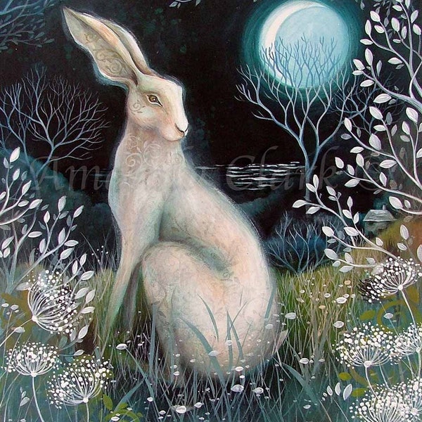 Print titled "Mystic Knight" by Amanda Clark - fairytale art print, landscape artwork, hare art print, celestial print, dreamy artwork