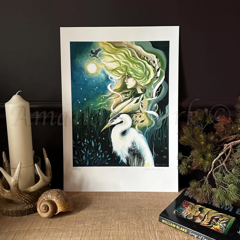 May include: A fine art print of a woman with flowing green hair and a white heron. The woman is surrounded by green foliage and the background is a dark blue with stars and a moon. The print is titled "Spirit and the Heron" and signed by the artist.