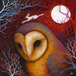Limited edition giclee print titled &quot;Equinox Night&quot; by Amanda Clark - owl art print, fairytale art print, hare artwork, whimsical art
