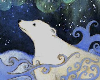 Polar Bear Art Print "Northern Lights" by Amanda Clark - Miniature Print, Limited Edition
