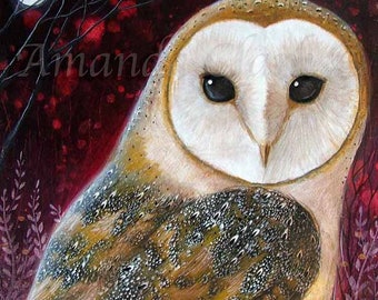 Mounted print titled "The Owl" by Amanda Clark - barn owl art print, fairytale art print, mounted art print, woodland artwork, dreamy print