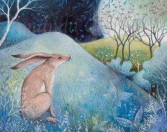 Limited edition giclee print titled "The Hare and Moon" by Amanda Clark - hare art print, fairytale art print, landscape art, whimsical art