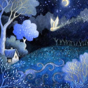 Print titled "Trail of Light" by Amanda Clark -  fairytale art print, woodland artwork, landscape art, owl art print, dreamy wall art