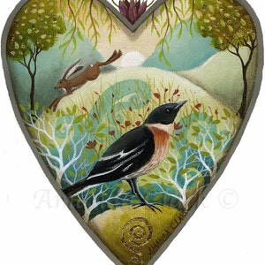 Print titled May Meadow by Amanda Clark fairytale art print, landscape art, hare art print, bird art print, valentines day gift image 1