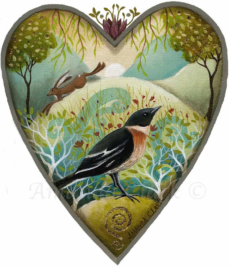 Print titled May Meadow by Amanda Clark fairytale art print, landscape art, hare art print, bird art print, valentines day gift image 1