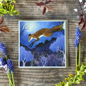 Greeting Card titled "The Leaping Fox" by Amanda Clark - fairytale card, whimsical art card, eco greeting card, fox art card