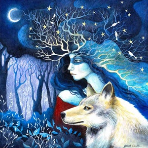 Goddess Wolf Art Print "La Que Sabe" by Amanda Clark - Celestial, Limited Edition