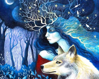 Limited edition giclee print titled "La Que Sabe" by Amanda Clark -  wolf art print, goddess art print, celestial artwork, dreamy wall print