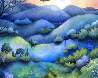 Limited edition giclee print titled "High Above the Valley" by Amanda Clark - sunrise art print, landscape artwork, fairytale wall art