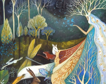 Limited edition giclee print titled "The Gathering" by Amanda Clark - wildlife art print, fairytale art print, goddess art, whimsical print