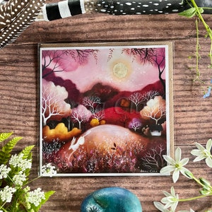 Greeting Card titled "Rose Moon" by Amanda Clark - fairytale card, whimsical art card, eco greeting card, hare art card