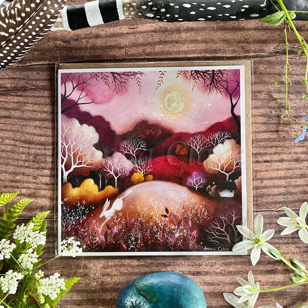 Tarjeta de felicitación titulada "Rose Moon" de Amanda Clark - tarjeta de cuento de hadas, tarjeta de arte caprichosa, tarjeta de felicitación ecológica, tarjeta de arte de liebre