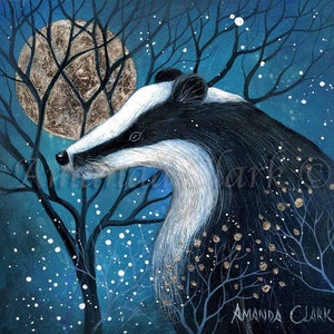 Limited edition giclee print titled "Winter Moon" by Amanda Clark - badger, fairy tale