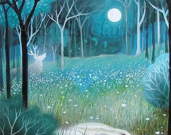 May include: An original painting of a moonlit forest scene. A white deer stands in the distance, while a white rabbit rests in the foreground. The forest is filled with tall trees, grass, and small white flowers. The sky is a dark blue with a full moon.
