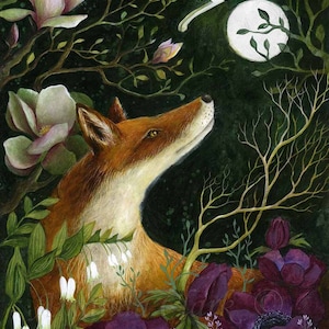 Large mounted print titled "Under the Magnolia Tree" by Amanda Clark - fairytale artwork, fox art print, floral wall art, mounted art print