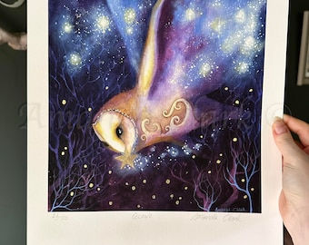 Limited edition giclee print titled "Cosmic" by Amanda Clark - barn owl, celestial, fairy tale
