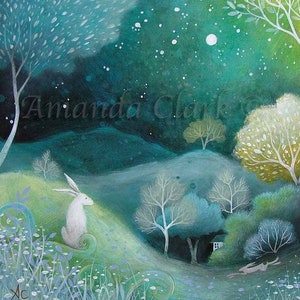 Mounted print titled "Star Light" by Amanda Clark - fairytale art print, landscape art, hare art print, meadow scene art, mounted art print