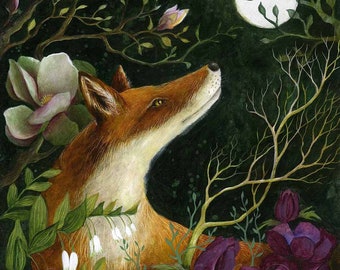 May include: A painting of a fox looking up at a white rabbit leaping towards a full moon. The fox is surrounded by lush green foliage and purple flowers. The background is a dark green forest.