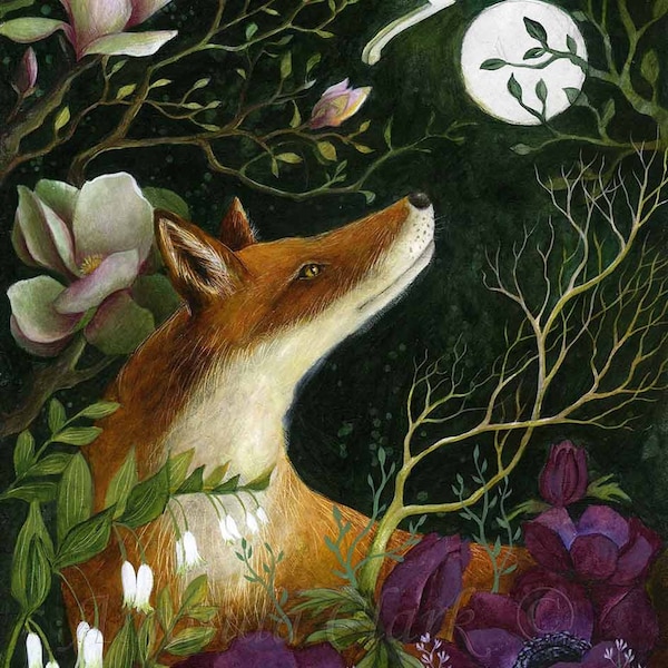 Print titled "Under the Magnolia Tree" by Amanda Clark -  fairytale artwork, fox art print, floral wall decor, hare wall art, dreamy art