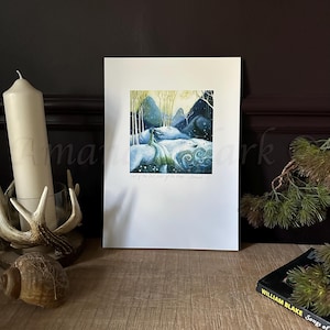 "Der Druck mit dem Titel ""East of the Sun, West of the Moon"" von Amanda Clark - Märchen, Landschaftskunst, Winterkunst, Folklore, Eisbärkunst"
