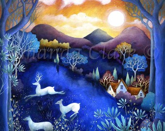 Landscape Art Print "Eventide" by Amanda Clark - Deer, Limited Edition, Fairy Tale