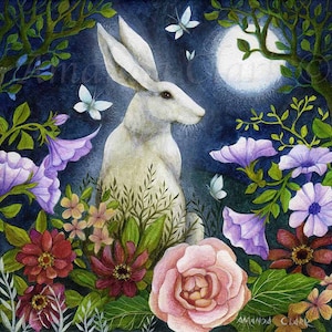 Large mounted print titled "Garden of Dreams" by Amanda Clark - hare art print, fairytale artwork, landscape art, mounted art print