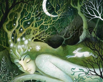 Limited edition giclee print titled "Woodland Sleep" by Amanda Clark - goddess art print, fairytale art print, landscape art, whimsical art