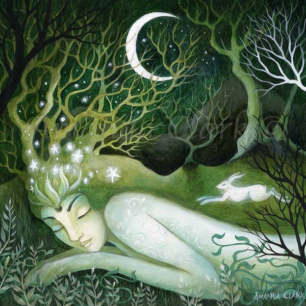 Impression jet d'encre en édition limitée intitulée « Woodland Sleep » par Amanda Clark - impression d'art de déesse, impression d'art de conte de fées, art du paysage, art fantaisiste