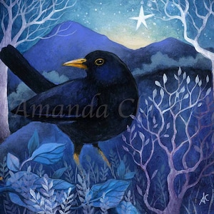 SALE! Limited edition giclee print titled "Melody" by Amanda Clark - blackbird art print, fairytale art print, miniature artwork