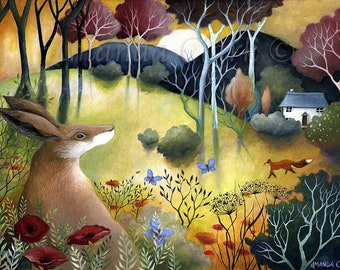 Limited edition giclee print titled "Autumn Dawn" by Amanda Clark - hare, landscape, autumnal