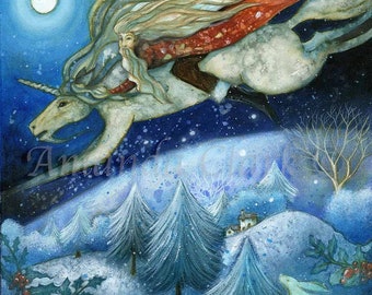 A3 print titled "Shaman Flight" by Amanda Clark - fairytale art print, landscape art, unicorn art print, winter artwork, shaman wall art