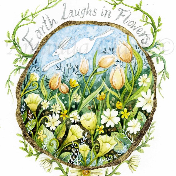 Print titled "Earth Laughs in Flowers" by Amanda Clark - fairytale art print, landscape art, quote art print, hare wall decor, spring print