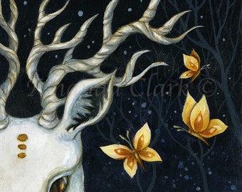 SALE! Limited edition giclee print titled "Soft Sounds" by Amanda Clark - stag art print, fairytale art print, miniature artwork, whimsical