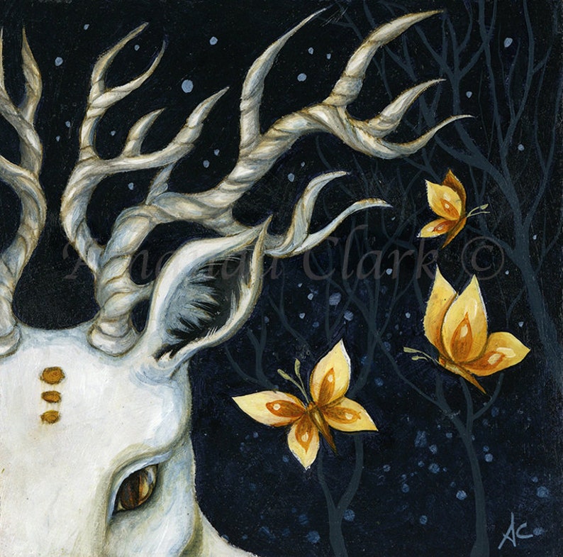 SALE Limited edition giclee print titled Soft Sounds by Amanda Clark stag art print, fairytale art print, miniature artwork, whimsical image 1