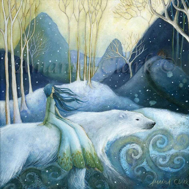 May include: A woman in a flowing blue dress rides a white polar bear through a snowy forest. The bear is moving through a swirling blue stream. The background is a snowy forest with tall trees and blue mountains.