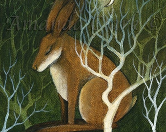 Unframed original canvas painting titled "Bracken" by Amanda Clark - original art, acrylic art, woodland art, boho, hare art