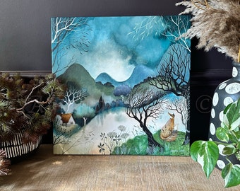 Pintura de lienzo original sin enmarcar titulada "Noche estrellada" de Amanda Clark - pintura de zorros, obras de arte del bosque, pintura de cuento de hadas