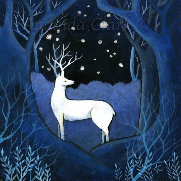 Unframed miniature original painting titled 'Between the Trees' by Amanda Clark - stag art, original art, acrylic art, landscape art